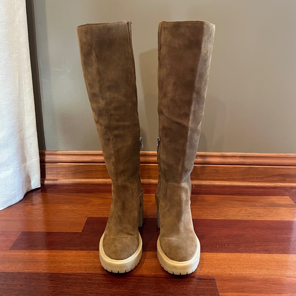 Dolce Vita Taupe Suede Knee-High Chunky Heel Boots - Picture 3 of 9